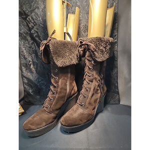 Via Spiga Suede Boots, Lace Up, Wool Trim, Wedge Heel, Sz8, NWOT